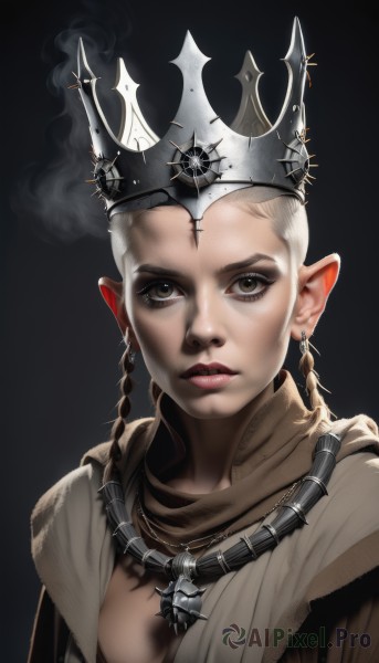 1girl,solo,looking at viewer,simple background,1boy,brown eyes,jewelry,closed mouth,upper body,braid,white hair,male focus,earrings,pointy ears,necklace,twin braids,lips,crown,black background,portrait,smoke,robe,realistic,breasts,blonde hair,makeup,cross,elf,nose