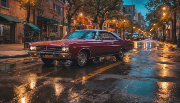 outdoors, sky, tree, no humans, night, ground vehicle, building, scenery, motor vehicle, reflection, city, sign, car, road, vehicle focus, lamppost, street, crosswalk, sidewalk