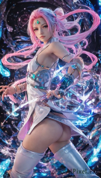 1girl,solo,long hair,breasts,looking at viewer,blue eyes,thighhighs,dress,bare shoulders,jewelry,underwear,green eyes,panties,ponytail,weapon,pink hair,ass,small breasts,boots,parted lips,looking back,water,white dress,bracelet,white thighhighs,lips,thigh boots,armlet,thong,circlet,bracer,forehead jewel,thighs,sideboob,ring,forehead mark,realistic