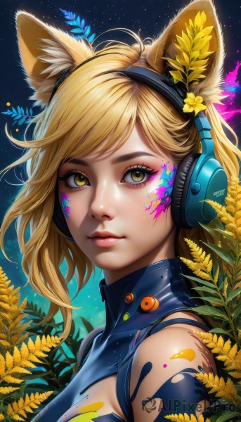 1girl,solo,breasts,looking at viewer,short hair,bangs,blonde hair,hair ornament,animal ears,bare shoulders,medium breasts,closed mouth,yellow eyes,upper body,flower,sky,sleeveless,shiny,artist name,signature,hair flower,lips,animal ear fluff,fox ears,clothing cutout,eyelashes,tattoo,makeup,swept bangs,turtleneck,headphones,facial mark,bug,lipstick,butterfly,portrait,star (sky),eyeshadow,starry sky,pink lips,yellow flower,nose,sunflower,eyeliner,facepaint,field,flower field,mascara,paint splatter,paint,long hair,brown eyes,fake animal ears,animal ear headphones