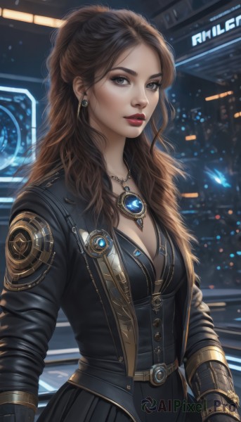 1girl,solo,long hair,breasts,looking at viewer,skirt,brown hair,gloves,long sleeves,cleavage,brown eyes,jewelry,medium breasts,jacket,earrings,open clothes,black gloves,belt,necklace,lips,black jacket,grey eyes,makeup,wavy hair,lipstick,pendant,science fiction,nose,red lips,leather,closed mouth,upper body,ponytail,pleated skirt,artist name,bug,forehead,realistic,neon lights