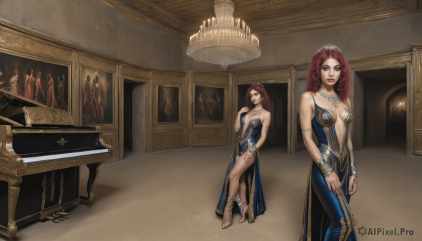 1girl,solo,long hair,breasts,dress,cleavage,bare shoulders,jewelry,medium breasts,standing,red hair,indoors,necklace,high heels,bracelet,blue dress,tiara,instrument,armlet,reflection,mirror,realistic,center opening,piano,chandelier,grand piano,boots,shoes,lips,makeup,lipstick,side slit,candle