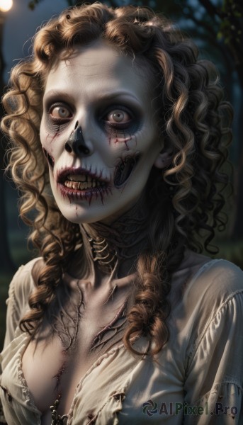 1girl,solo,long hair,breasts,looking at viewer,open mouth,blonde hair,brown hair,dress,cleavage,brown eyes,jewelry,medium breasts,collarbone,upper body,braid,earrings,small breasts,teeth,white dress,blurry,twin braids,lips,torn clothes,blood,blurry background,hair over shoulder,veins,curly hair,stitches,zombie,horror (theme),cracked skin,makeup,lipstick,pale skin,blood on face,realistic,facepaint