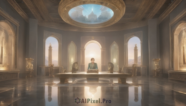 solo,short hair,brown hair,black hair,long sleeves,1boy,sitting,male focus,sky,cloud,indoors,water,window,chair,table,sunlight,building,scenery,reflection,architecture,wide shot,pillar,arch,1girl,day,artist name,signature,book,desk,paper,fantasy,lamp