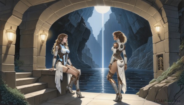 long hair,breasts,multiple girls,blonde hair,large breasts,brown hair,dress,2girls,brown eyes,jewelry,medium breasts,sitting,standing,ass,braid,boots,outdoors,artist name,dark skin,water,white dress,armor,looking at another,high heels,dark-skinned female,lips,bodysuit,profile,night,watermark,wavy hair,moon,sunlight,knee boots,plant,shoulder armor,web address,pelvic curtain,high heel boots,reflection,curly hair,pauldrons,stairs,arms at sides,vambraces,light,armored boots,greaves,pillar,waterfall,arch,column,full body,earrings,eye contact,science fiction,android,joints,cyborg,prosthesis,robot joints,prosthetic leg