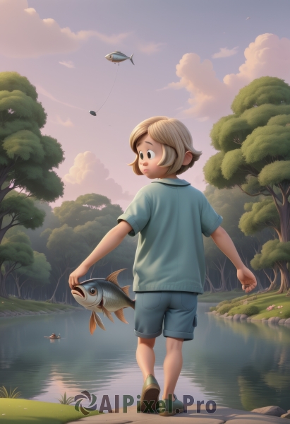 solo,smile,short hair,blonde hair,brown hair,shirt,1boy,standing,full body,short sleeves,male focus,outdoors,sky,shoes,shorts,looking back,artist name,cloud,water,from behind,black eyes,tree,animal,grass,blue shirt,t-shirt,child,nature,forest,fish,walking,blue shorts,male child,river,dragonfly,fishing rod