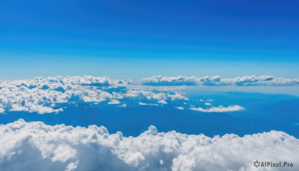 monochrome,outdoors,sky,day,cloud,water,blue sky,no humans,ocean,cloudy sky,scenery,blue theme,horizon,landscape,above clouds