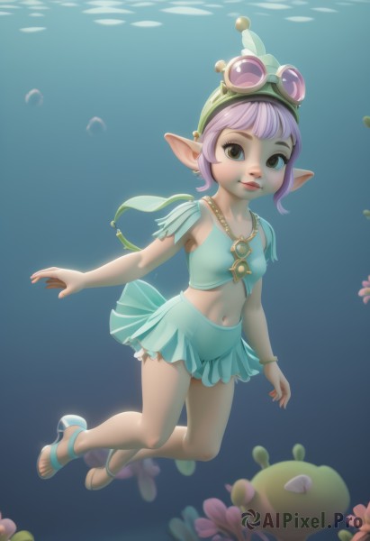 1girl,solo,looking at viewer,smile,short hair,skirt,hat,navel,brown eyes,jewelry,swimsuit,full body,pink hair,purple hair,pointy ears,midriff,necklace,high heels,bracelet,lips,sandals,goggles,bubble,underwater,air bubble,breasts,flower,small breasts,miniskirt,water,blue skirt,crop top,fish,nose,antennae,bangle,swimming,submerged,aqua skirt,holding breath