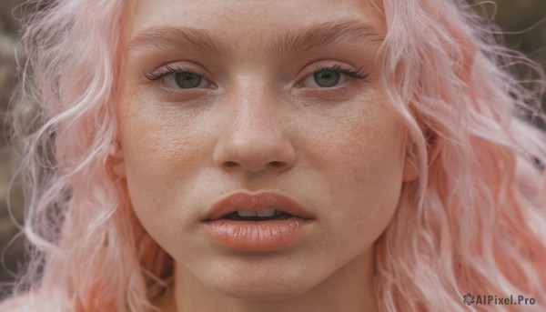 1girl,solo,long hair,looking at viewer,open mouth,green eyes,pink hair,white hair,parted lips,teeth,blurry,lips,grey eyes,eyelashes,blurry background,wavy hair,portrait,close-up,freckles,realistic,nose,brown eyes,black eyes