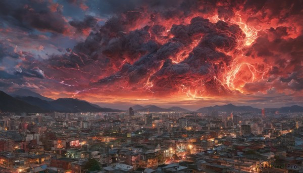 outdoors,sky,cloud,no humans,glowing,cloudy sky,fire,building,scenery,smoke,monster,mountain,city,dragon,electricity,cityscape,skyscraper,lightning,city lights,red sky,destruction,kaijuu,night,giant,landscape,mountainous horizon,molten rock