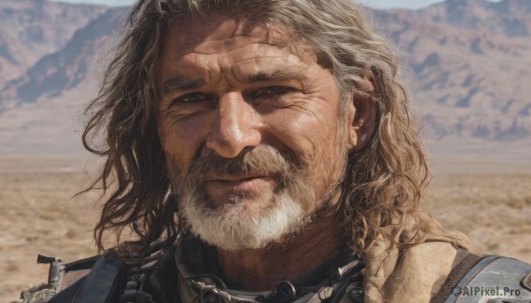 solo,long hair,looking at viewer,brown hair,1boy,closed mouth,male focus,outdoors,day,medium hair,armor,blurry,blurry background,facial hair,scar,portrait,beard,scar on face,mountain,realistic,mustache,manly,old,desert,smile,blonde hair,brown eyes,upper body,weapon,sky,collar,lips,gun,rifle,close-up