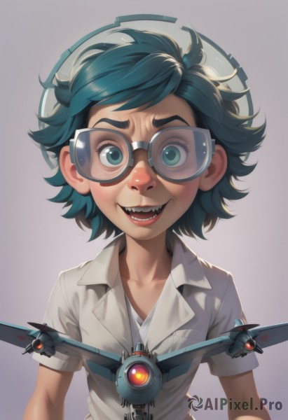 solo,looking at viewer,smile,short hair,open mouth,simple background,shirt,1boy,green eyes,blue hair,collarbone,white shirt,upper body,short sleeves,:d,male focus,green hair,glasses,teeth,collared shirt,goggles,child,freckles,science fiction,aircraft,airplane,1girl,blue eyes,artist name,gradient,gradient background,sharp teeth,messy hair