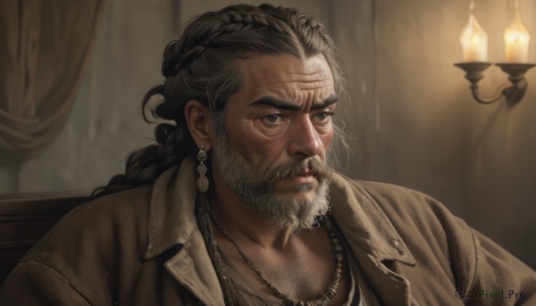 solo,long hair,looking at viewer,shirt,black hair,1boy,jewelry,jacket,white shirt,upper body,braid,grey hair,male focus,earrings,parted lips,indoors,necklace,blurry,black eyes,grey eyes,facial hair,scar,thick eyebrows,curtains,portrait,beard,scar on face,brown jacket,mature male,realistic,mustache,candle,manly,old,chest hair,old man,wrinkled skin,sitting,lips,scar across eye