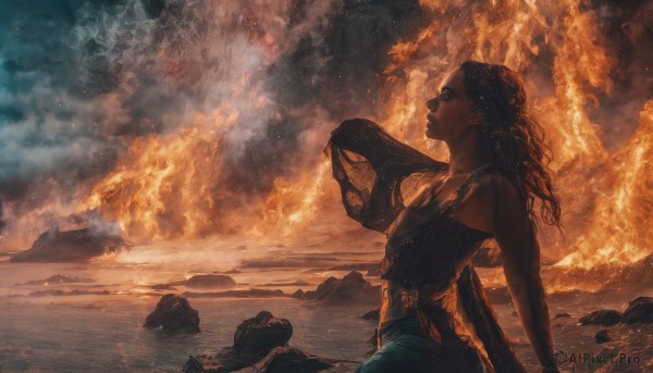 A ethereal fiery outdoors showcasing a female