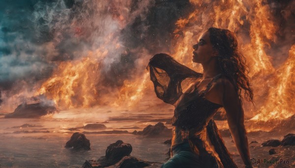 1girl,solo,long hair,breasts,black hair,bare shoulders,jewelry,outdoors,sky,cloud,dark skin,water,from side,dark-skinned female,lips,wet,dutch angle,cloudy sky,fire,looking up,smoke,rock,looking afar,explosion,very dark skin,burning,holding,earrings,necklace,torn clothes,ocean,tank top,realistic,dreadlocks,molten rock