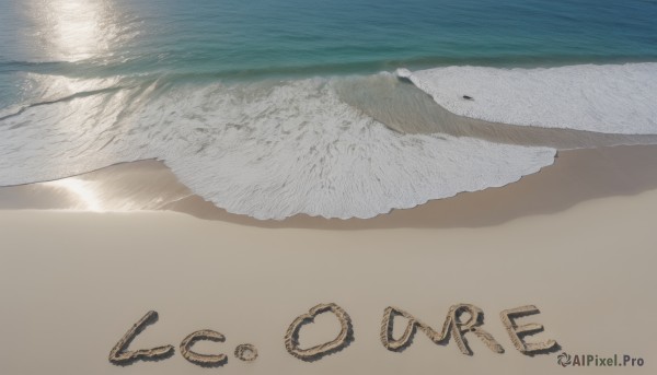 outdoors,sky,cloud,water,english text,no humans,bird,ocean,beach,scenery,sand,horizon,waves,shore,footprints,shadow,desert