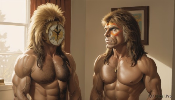 long hair,blonde hair,brown hair,1boy,jewelry,closed mouth,nipples,upper body,male focus,nude,multiple boys,indoors,dark skin,2boys,necklace,looking at another,window,mask,muscular,facial hair,abs,sunlight,dark-skinned male,pectorals,muscular male,bara,beard,large pectorals,veins,topless male,mature male,manly,chest hair,biceps,arm hair,hairy,thick arms,black hair,brown eyes,headband,facepaint