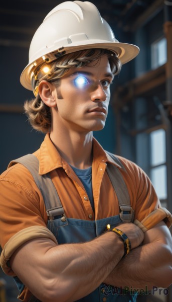 solo,looking at viewer,brown hair,shirt,gloves,1boy,hat,brown eyes,closed mouth,upper body,short sleeves,male focus,collared shirt,indoors,blurry,buttons,blurry background,glowing,facial hair,white headwear,crossed arms,glowing eyes,sleeves rolled up,watch,realistic,nose,wristwatch,overalls,manly,arm hair,short hair,blue eyes,jewelry,bracelet,lips,muscular,helmet,blue shirt,orange shirt,chest hair