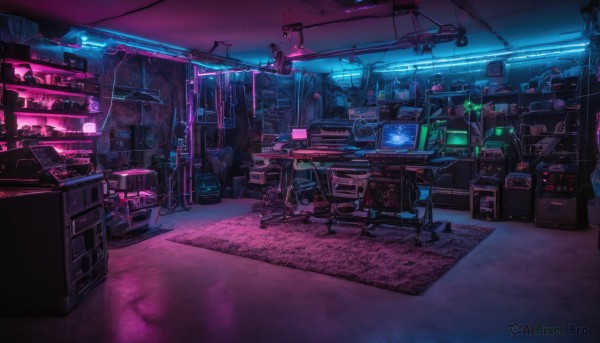 indoors,no humans,window,night,chair,table,scenery,science fiction,light,lamp,cable,stool,monitor,neon lights,dark,computer,television,game controller,keyboard (computer)