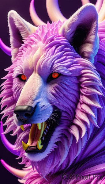 solo,looking at viewer,open mouth,simple background,red eyes,horns,teeth,tongue,tongue out,no humans,fangs,sharp teeth,portrait,colored sclera,purple background,realistic,black sclera,animal focus,whiskers,animal ears,artist name,animal ear fluff,pokemon (creature),black background