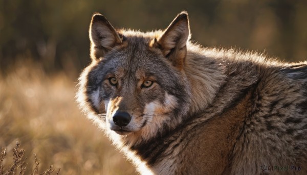 solo,looking at viewer,closed mouth,yellow eyes,upper body,artist name,signature,blurry,dated,no humans,depth of field,blurry background,animal,portrait,colored sclera,realistic,animal focus,wolf,simple background,close-up,brown background,dog