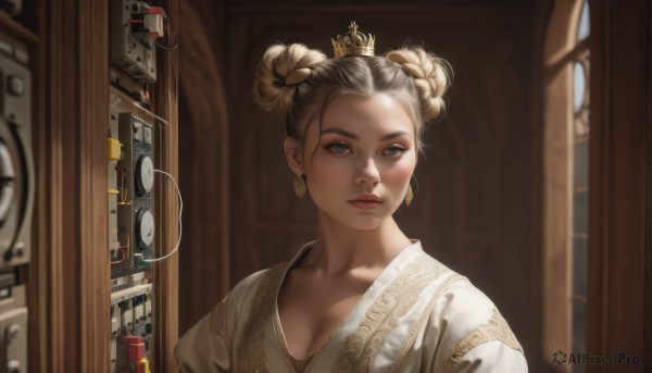 1girl,solo,breasts,looking at viewer,short hair,blue eyes,blonde hair,dress,cleavage,jewelry,medium breasts,closed mouth,collarbone,upper body,braid,earrings,indoors,hair bun,blurry,lips,grey eyes,eyelashes,double bun,makeup,blurry background,crown,forehead,realistic,nose,door,clock,red lips,brown hair,portrait,robe,mini crown