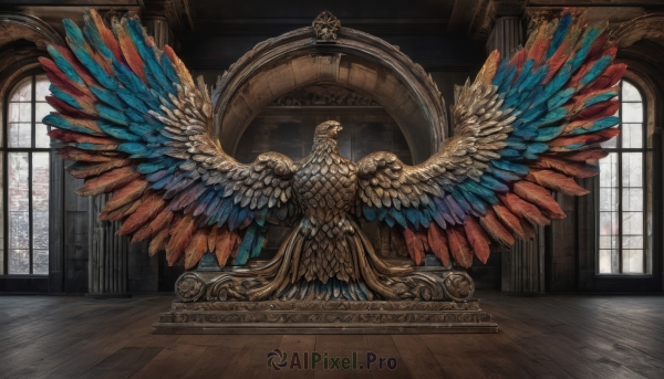 wings,day,indoors,no humans,window,sunlight,scenery,feathered wings,wooden floor,fantasy,statue,multiple wings,stained glass,church,spread wings,solo,tail,from behind,armor,helmet,1other,facing away,ambiguous gender,multicolored wings,helm