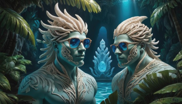 blue eyes,jewelry,closed mouth,upper body,white hair,male focus,outdoors,multiple boys,2boys,water,tree,tattoo,colored skin,siblings,leaf,sunglasses,plant,gem,nature,dual persona,forest,blue theme,crystal,blue skin,palm tree,tinted eyewear,grey skin,alien,dreadlocks,blue-tinted eyewear,1boy,earrings