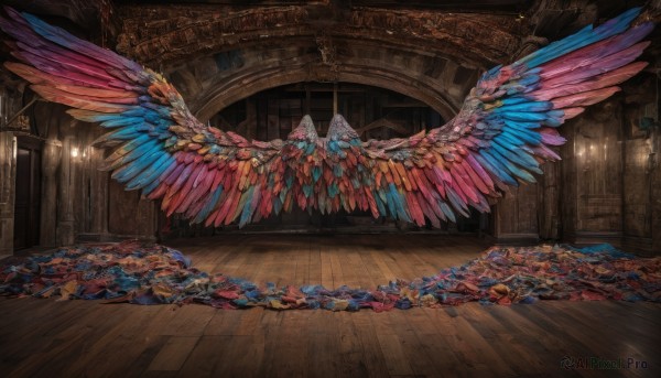 wings,indoors,no humans,scenery,feathered wings,wooden floor,stairs,fantasy,door,ceiling,carpet,rug,chandelier,feathers,multicolored clothes,crystal,candle,wall,pillar,blue wings,multiple wings,floor,hallway,multicolored wings,spread wings,candlestand,wooden wall