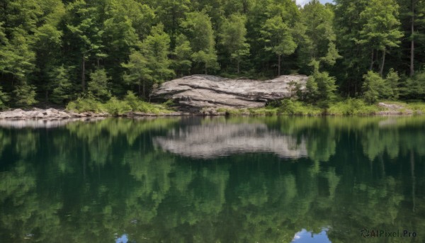 outdoors,sky,day,cloud,water,blurry,tree,no humans,depth of field,grass,nature,scenery,forest,reflection,rock,river,waterfall,landscape,moss,flower,blue flower,lake