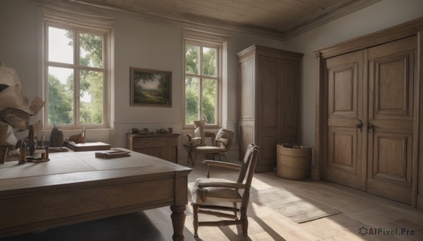 day,indoors,tree,book,no humans,window,shadow,chair,table,sunlight,bottle,plant,curtains,box,scenery,desk,wooden floor,door,basket,lamp,shade,shelf,wooden chair,plate,bucket,candle,wall,paintbrush,picture frame,painting (object),candlestand,cabinet