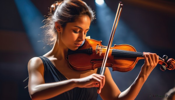 1girl,solo,short hair,brown hair,dress,holding,closed eyes,upper body,sleeveless,dark skin,blurry,black dress,dark-skinned female,lips,blurry background,instrument,realistic,music,playing instrument,holding instrument,violin,bow (music),bare shoulders,jewelry,earrings,curly hair,light,spotlight