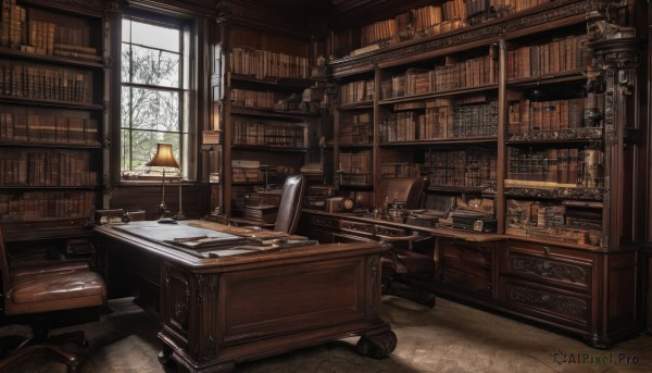 day,indoors,tree,book,no humans,window,chair,table,scenery,desk,wooden floor,paper,bookshelf,lamp,shelf,book stack,library,ladder,quill,globe,snow,bare tree,candlestand,inkwell