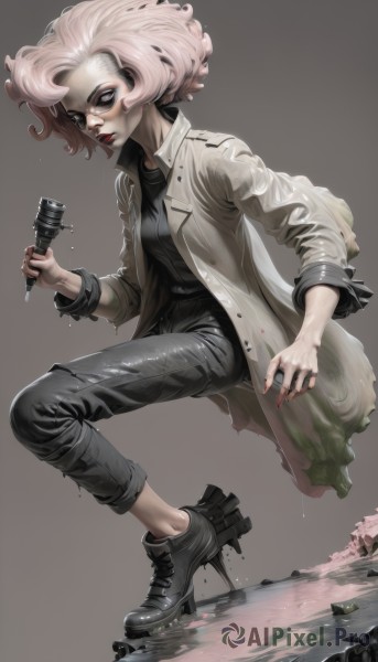 1girl,solo,looking at viewer,short hair,simple background,shirt,long sleeves,holding,jewelry,jacket,full body,pink hair,white hair,open clothes,shoes,glasses,pants,grey background,water,nail polish,black footwear,high heels,lips,coat,fingernails,wet,black shirt,makeup,black pants,ring,lipstick,reflection,black-framed eyewear,open coat,labcoat,white coat,red lips,hammer,puddle,bracelet,microphone,jeans,holding microphone,afro