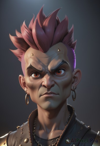 solo,looking at viewer,short hair,shirt,red eyes,1boy,brown eyes,jewelry,closed mouth,jacket,upper body,pink hair,male focus,red hair,multicolored hair,earrings,necklace,scar,piercing,spiked hair,black background,ear piercing,portrait,hoop earrings,realistic,nose,very short hair,leather,undercut,mohawk,simple background,collarbone,black shirt,tattoo,facial tattoo,eyebrow cut