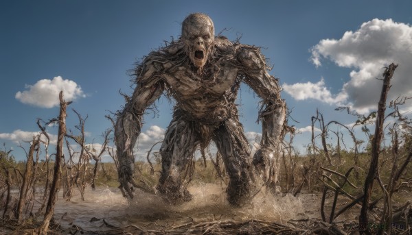 solo,open mouth,1boy,outdoors,sky,day,cloud,tree,blue sky,no humans,monster,realistic,giant,horror (theme),teeth,plant,science fiction,ruins,damaged,zombie,alien,dust,barbed wire