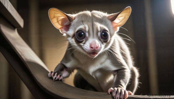 HQ,solo,looking at viewer,closed mouth,indoors,blurry,black eyes,dutch angle,no humans,depth of field,blurry background,animal,cat,claws,paper,realistic,animal focus,mouse,whiskers,watermark,web address