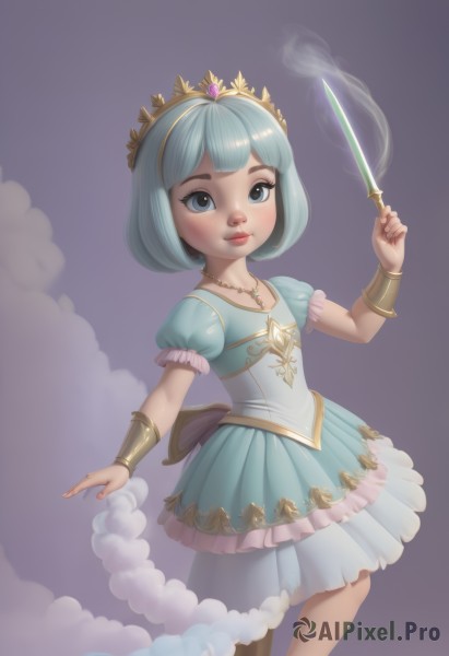 1girl,solo,looking at viewer,smile,short hair,bangs,blue eyes,simple background,dress,holding,jewelry,closed mouth,blue hair,standing,weapon,short sleeves,frills,puffy sleeves,artist name,hand up,blunt bangs,necklace,holding weapon,flat chest,bracelet,puffy short sleeves,lips,blue dress,frilled dress,tiara,crown,knife,child,smoke,purple background,female child,bracer,blush,sky,cloud,nail polish,realistic,wand