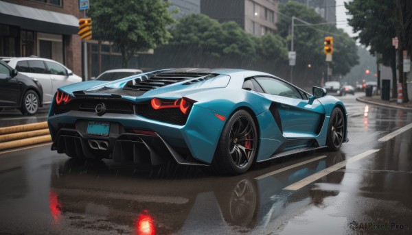 A unique view of a motor vehicle in rainy outdoors