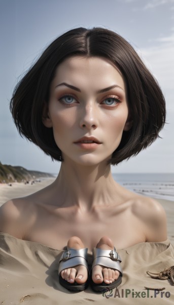 1girl,solo,looking at viewer,short hair,blue eyes,brown hair,black hair,bare shoulders,collarbone,upper body,outdoors,parted lips,sky,day,cloud,nail polish,feet,blue sky,lips,toes,beach,sandals,portrait,freckles,toenails,realistic,nose,sand,toenail polish,dirty,desert,breasts,teeth,artist name,off shoulder,fingernails,eyelashes,makeup,ocean,cloudy sky,close-up,forehead,off-shoulder shirt,mascara