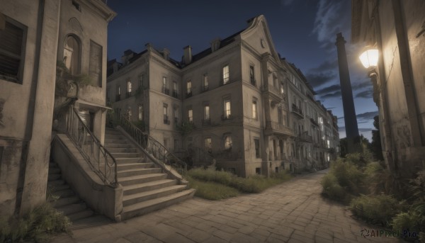 outdoors,sky,cloud,tree,no humans,window,night,grass,plant,building,star (sky),night sky,scenery,starry sky,lantern,stairs,door,railing,road,lamp,bush,house,lamppost,balcony,stone stairs,street,path