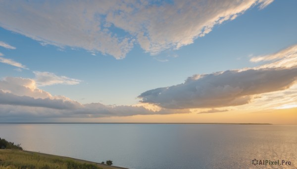 outdoors,sky,day,cloud,water,tree,blue sky,no humans,ocean,cloudy sky,grass,nature,scenery,sunset,rock,sun,horizon,landscape,gradient sky,orange sky,ground vehicle,motor vehicle