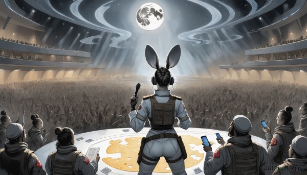 1girl,short hair,black hair,gloves,long sleeves,hat,holding,animal ears,standing,jacket,weapon,ass,outdoors,food,multiple boys,sky,solo focus,black gloves,belt,pants,artist name,hair bun,from behind,holding weapon,rabbit ears,uniform,vest,gun,military,bodysuit,military uniform,night,fake animal ears,moon,table,helmet,star (sky),holding gun,night sky,full moon,handgun,smoke,starry sky,6+boys,pouch,white pants,card,facing away,holster,multiple others,police,playing card,crowd,spacesuit,people,6+others,audience,phone,single hair bun,cellphone,armband,microphone,smartphone