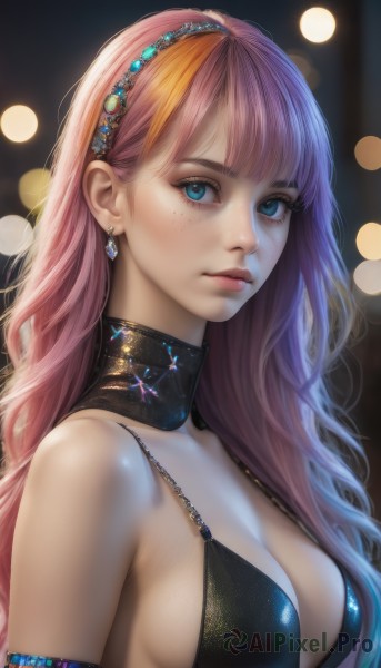 1girl,solo,long hair,breasts,looking at viewer,bangs,blue eyes,large breasts,cleavage,bare shoulders,jewelry,medium breasts,closed mouth,swimsuit,upper body,pink hair,bikini,multicolored hair,hairband,earrings,orange hair,blurry,lips,eyelashes,sideboob,blurry background,gem,armlet,freckles,realistic,nose,bokeh,blue hair,shiny,artist name,blunt bangs,necklace,mole,collar,from side,two-tone hair,aqua eyes,gradient hair,makeup,detached collar,depth of field,black bikini,wavy hair,expressionless,eyeshadow,shiny clothes,pink lips,strap gap,eyeliner,mascara