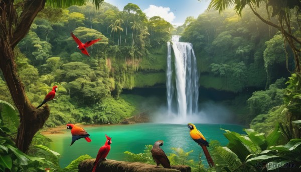 outdoors,sky,day,cloud,water,tree,no humans,bird,animal,leaf,plant,nature,scenery,forest,flying,river,waterfall,parrot,blue sky,sunlight,landscape