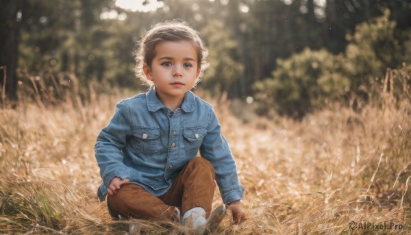 solo,looking at viewer,short hair,blue eyes,brown hair,shirt,long sleeves,1boy,brown eyes,sitting,jacket,male focus,boots,outdoors,pants,blurry,lips,depth of field,blurry background,white footwear,grass,blue shirt,child,nature,pocket,realistic,breast pocket,male child,brown pants,black hair,parted lips,day,aged down,looking up,denim,jeans,field,bokeh,denim jacket