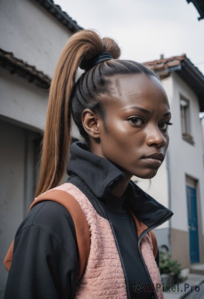 1girl,solo,long hair,looking at viewer,brown hair,shirt,brown eyes,closed mouth,jacket,upper body,ponytail,outdoors,open clothes,day,dark skin,bag,blurry,black eyes,vest,lips,black shirt,blurry background,high ponytail,building,realistic,open vest,1boy,male focus,dark-skinned female,architecture