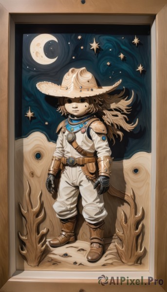 1girl,solo,long hair,looking at viewer,blonde hair,brown hair,gloves,hat,standing,full body,boots,belt,star (symbol),armor,black eyes,brown footwear,moon,shoulder armor,star (sky),door,crescent moon,1boy,male focus,sky,mole,night