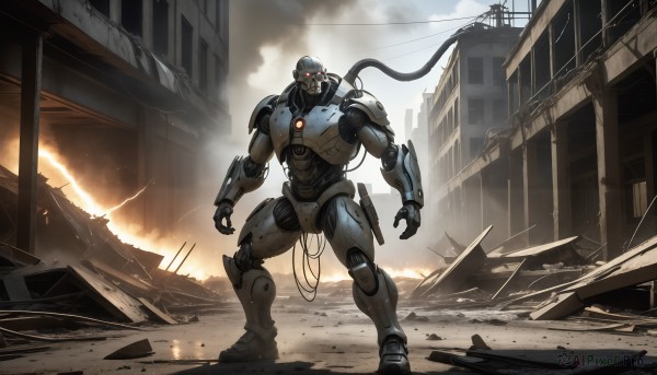 HQ,solo,red eyes,1boy,standing,male focus,outdoors,armor,no humans,glowing,fire,robot,building,mecha,glowing eyes,smoke,science fiction,city,realistic,cable,ruins,damaged,power armor,debris,wire,rubble,looking at viewer,sky,cloud,cloudy sky,military vehicle,glowing eye,power lines,dust,humanoid robot,destruction