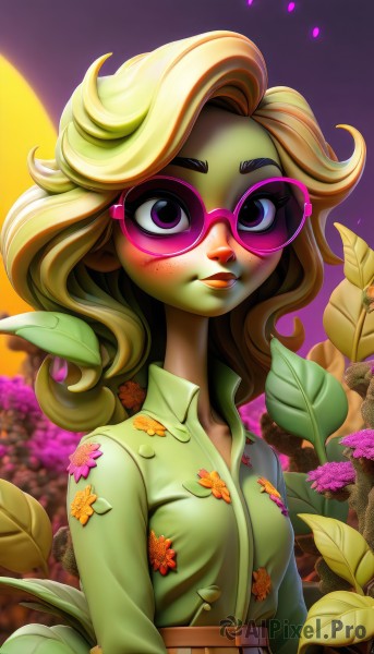 1girl,solo,long hair,breasts,looking at viewer,smile,blonde hair,shirt,closed mouth,purple eyes,collarbone,upper body,flower,heart,small breasts,outdoors,glasses,collared shirt,belt,artist name,lips,eyelashes,makeup,colored skin,leaf,floral print,sunglasses,plant,lipstick,eyeshadow,freckles,green shirt,print shirt,tinted eyewear,pink-framed eyewear,pink-tinted eyewear,skirt